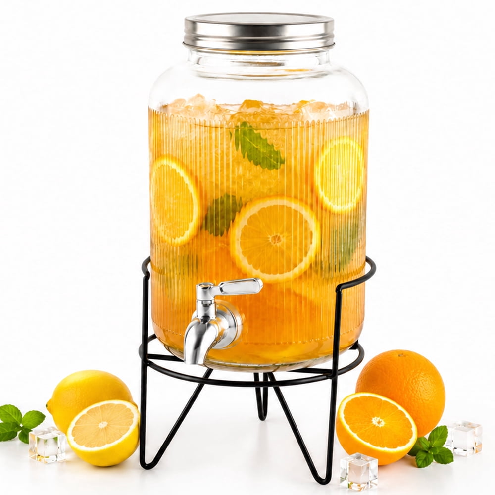 Beverage Dispenser, 1-Gallon Glass Drink Jar with Stainless Spigot, Lid and Metal Stand product photo