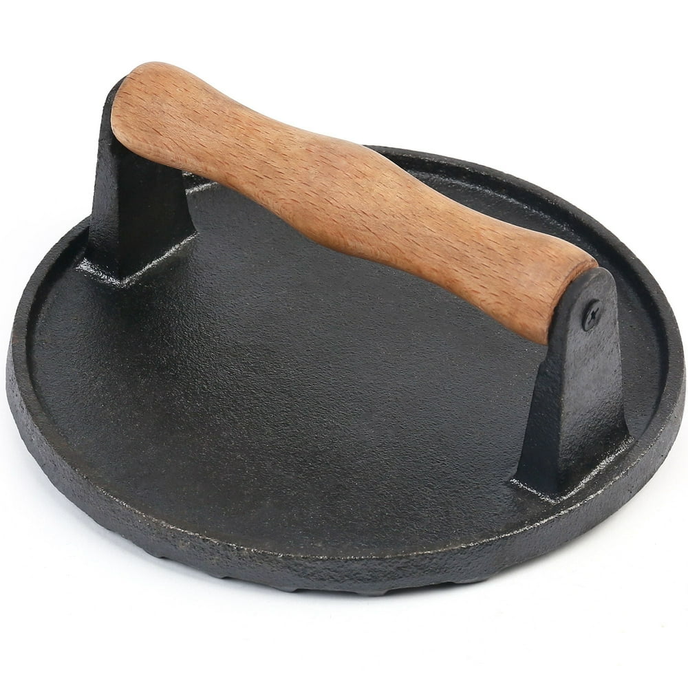 Cast Iron Grill Press, Round Heavy Burger Press with Wood Handle for Outdoor Grilling product photo