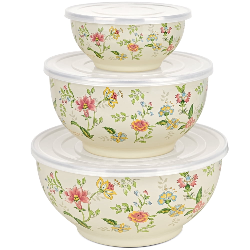 Floral Enamel Serving Bowls with Lids, Set of 3 Nesting Cream Bowls for Outdoor Dining and Camping product photo