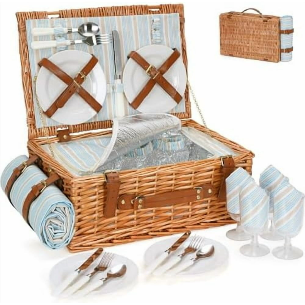 Insulated Wicker Picnic Basket Set for 4, with Plates, Flatware, Wine Glasses and Striped Blanket product photo