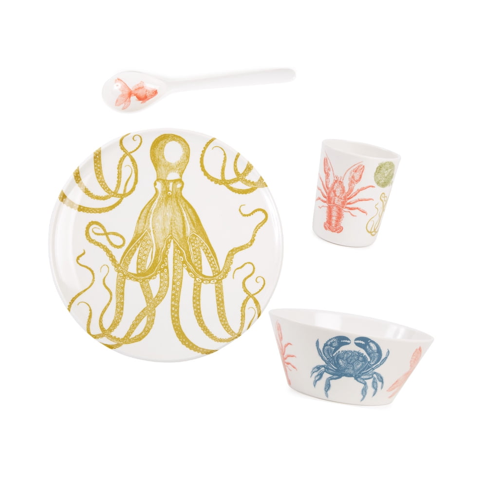 Nautical Sea-Life Place Setting, 4-Piece Plate Bowl Cup and Spoon with Octopus Crab Lobster Print for Picnic product photo