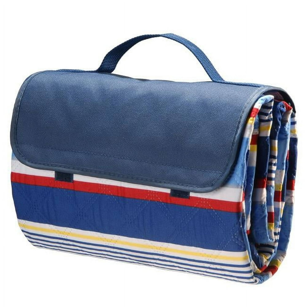 Roll-Up Picnic Blanket with Handle, Water-Resistant Backing, Blue and Red Striped Outdoor Mat product photo