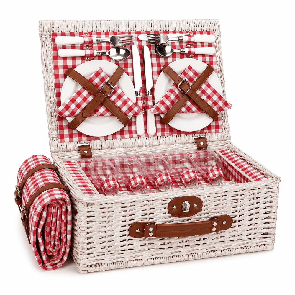 Wicker Picnic Basket Set with Red Gingham Lining, Service Setting and Matching Blanket product photo