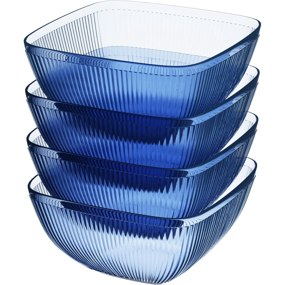 Acrylic Serving Bowls, Set of 4 Shatterproof Blue Ribbed Square Outdoor Picnic Snack Bowls  product photo