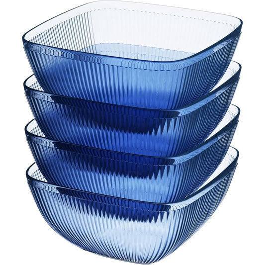 Acrylic Serving Bowls, Set of 4 Shatterproof Blue Ribbed Square Outdoor Picnic Snack Bowls  product photo