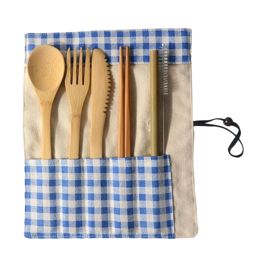 Bamboo Cutlery Travel Set, Reusable Spoon Fork Knife Chopsticks and Straw with Blue Gingham Pouch  product photo