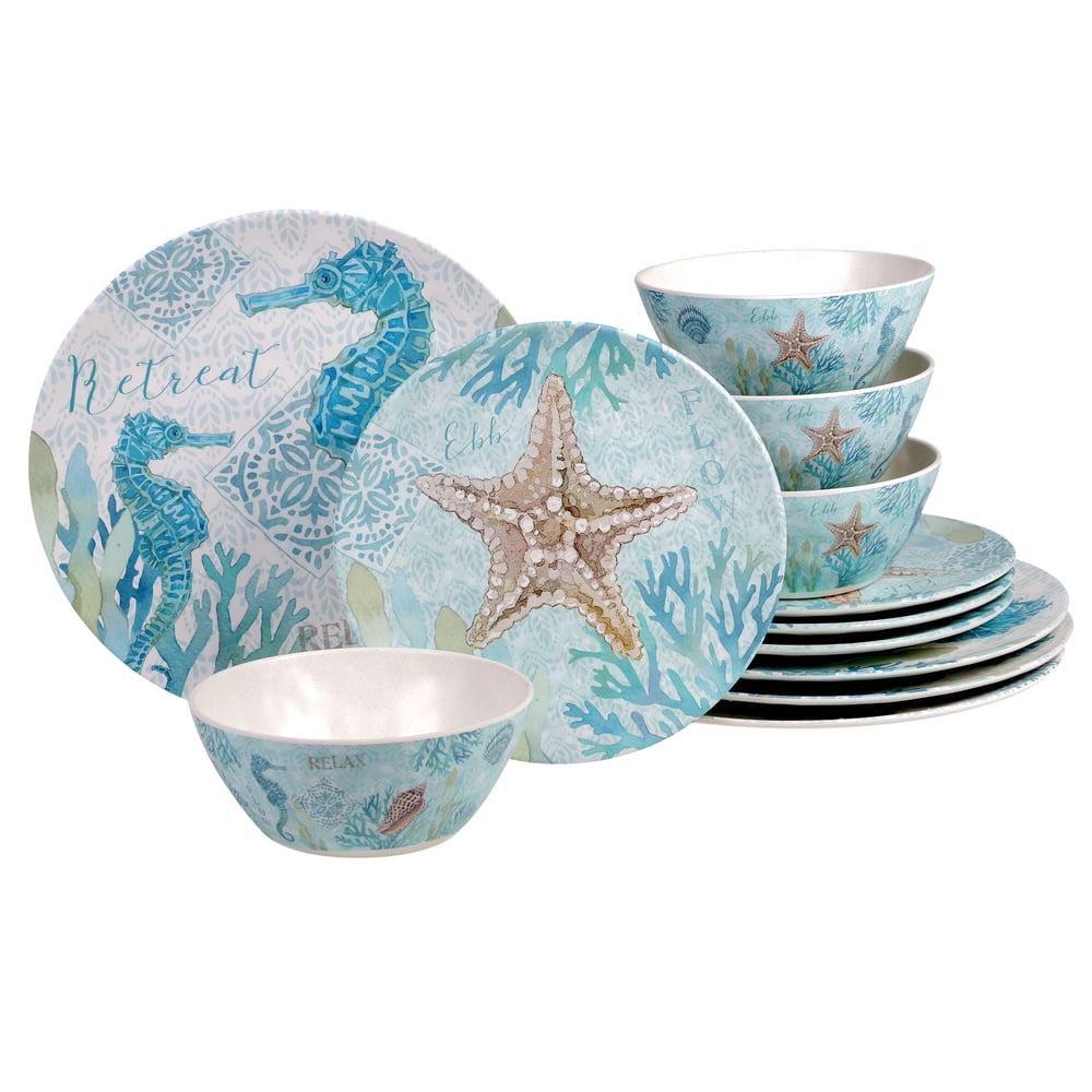 Coastal Dinnerware Set, 12-Piece Reusable Plates and Bowls with Aqua Seahorse Starfish Print for Picnic  product photo