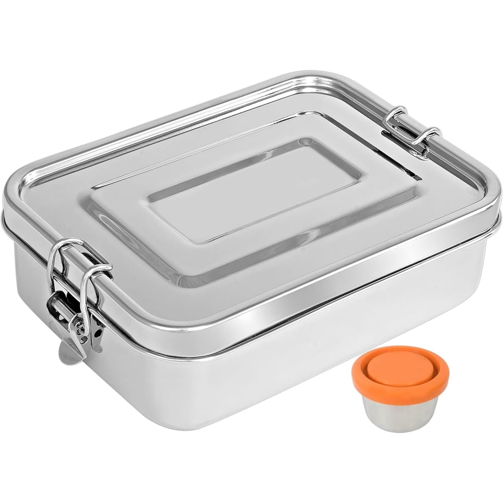Stainless Steel Bento Lunch Box with Sauce Container, Leakproof Reusable Picnic Meal Box with Clip Lid  product photo