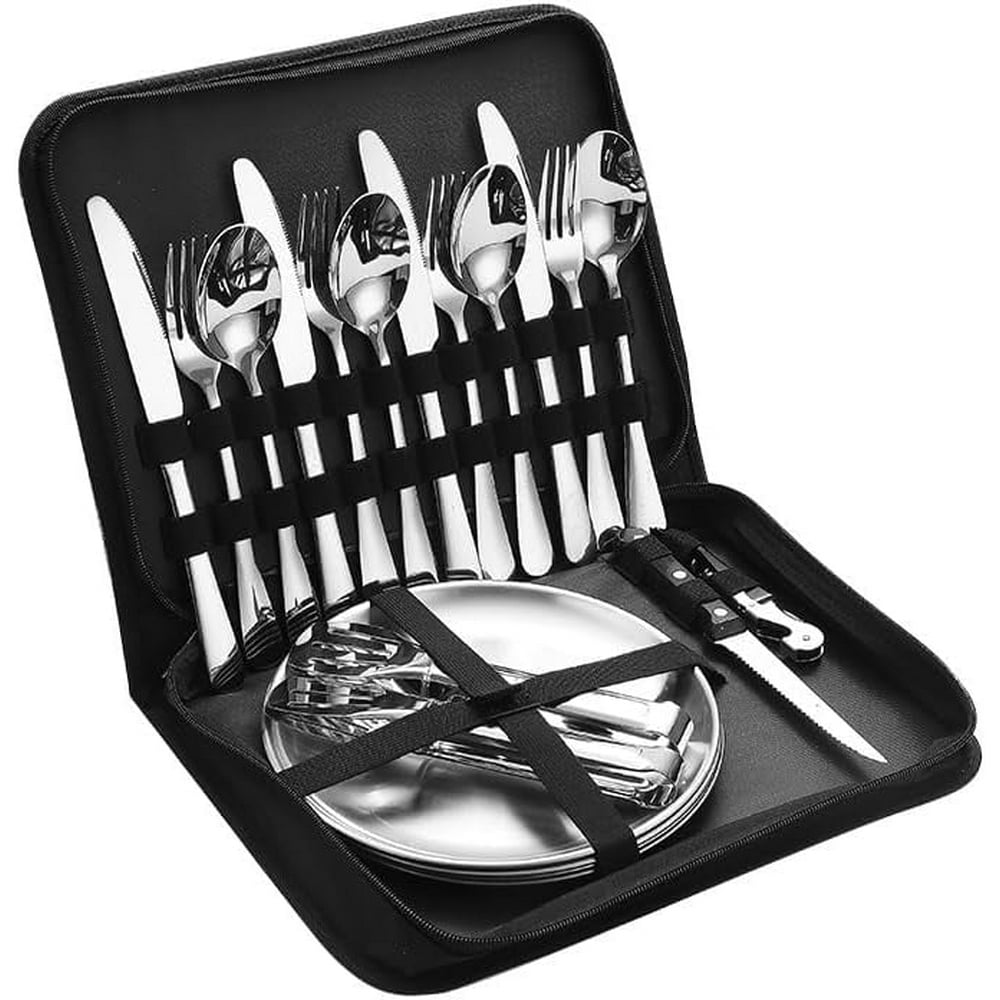 Camping Flatware Kit, Stainless Steel Cutlery and Plates Set with Zippered Travel Case for 4 People  product photo