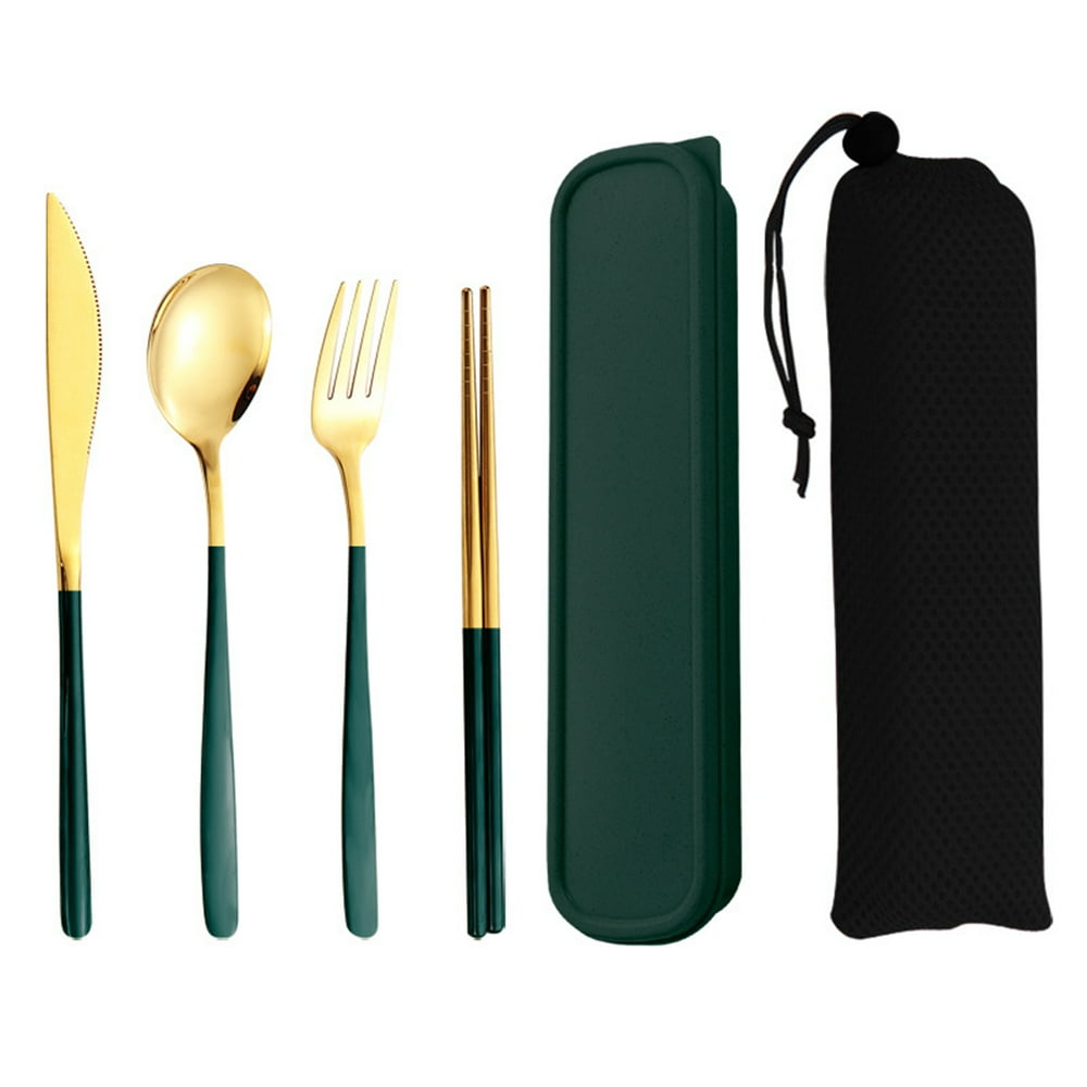 Portable Travel Flatware Set, Gold and Green Knife, Fork, Spoon and Chopsticks with Case and Mesh Pouch  product photo