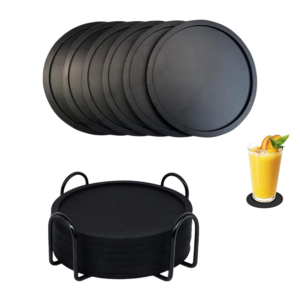 Silicone Coaster Set of 6, Non-Slip Black Drink Mats with Matching Holder for Outdoor Dining  product photo