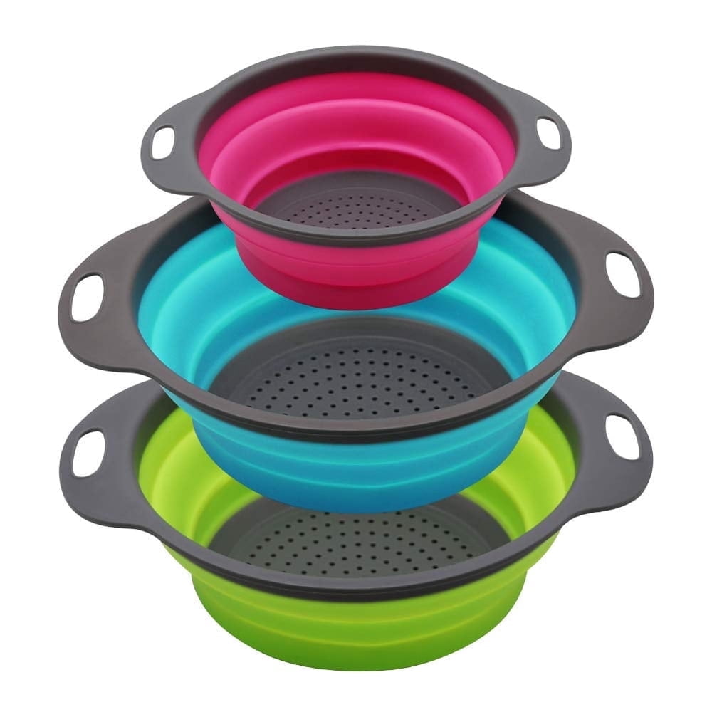 Collapsible Silicone Colanders, Set of 3 Nesting Strainers for Camp Rinsing and Fruit Washing  product photo