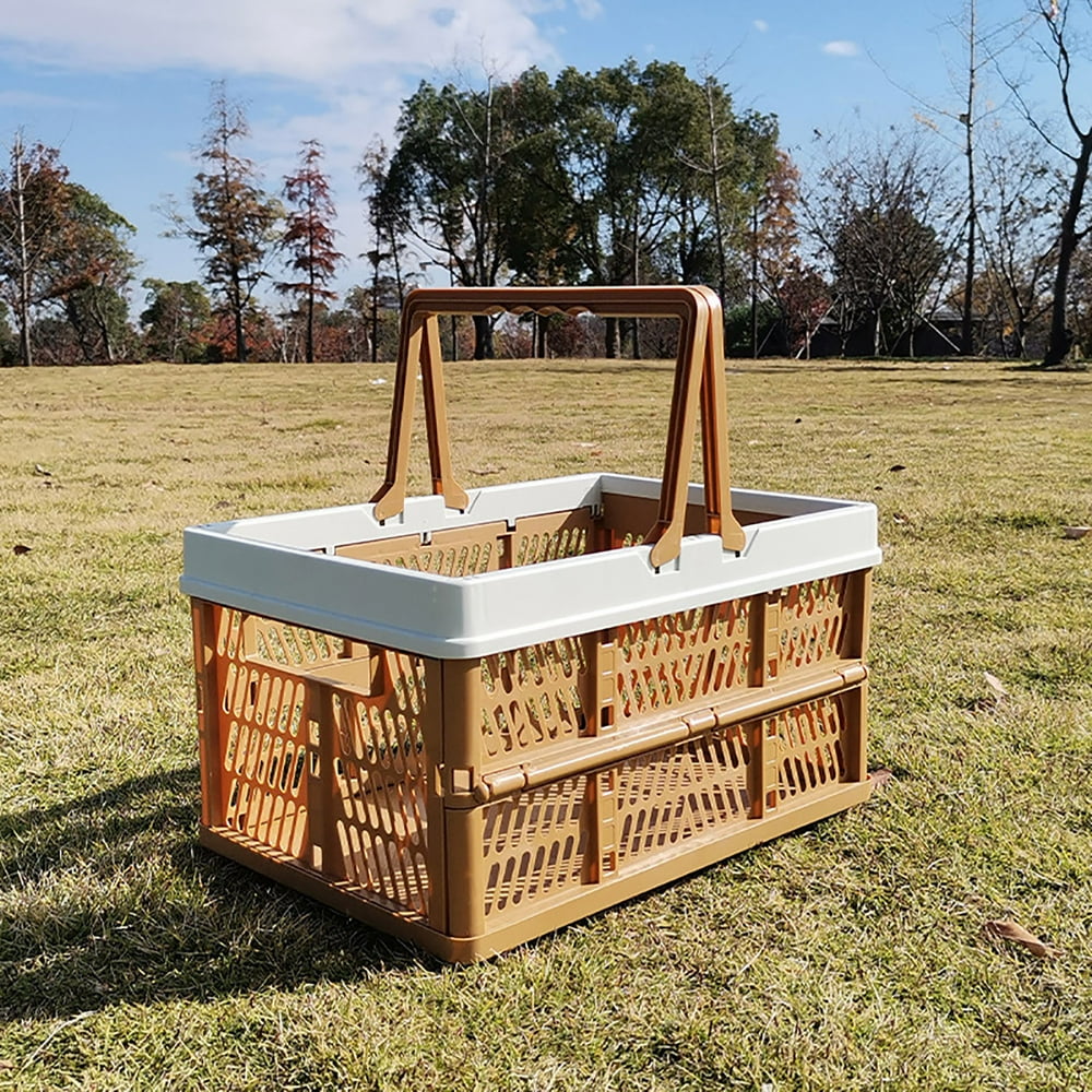 Collapsible Utility Crate, Large Foldable Outdoor Picnic Carry Bin with Handles, Tan  product photo