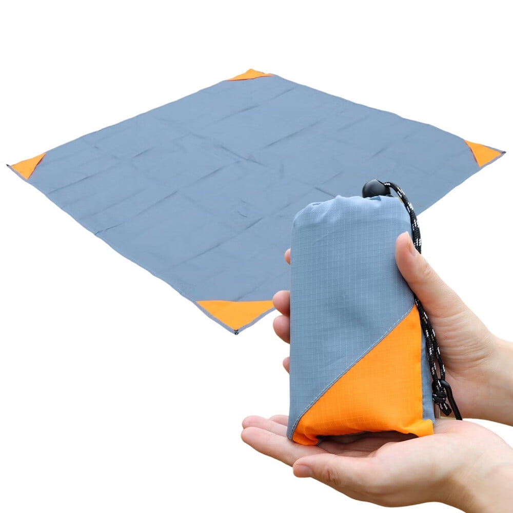 Compact Picnic Blanket, Pocket-Size Gray and Orange Nylon Mat with Attached Stuff Pouch  product photo