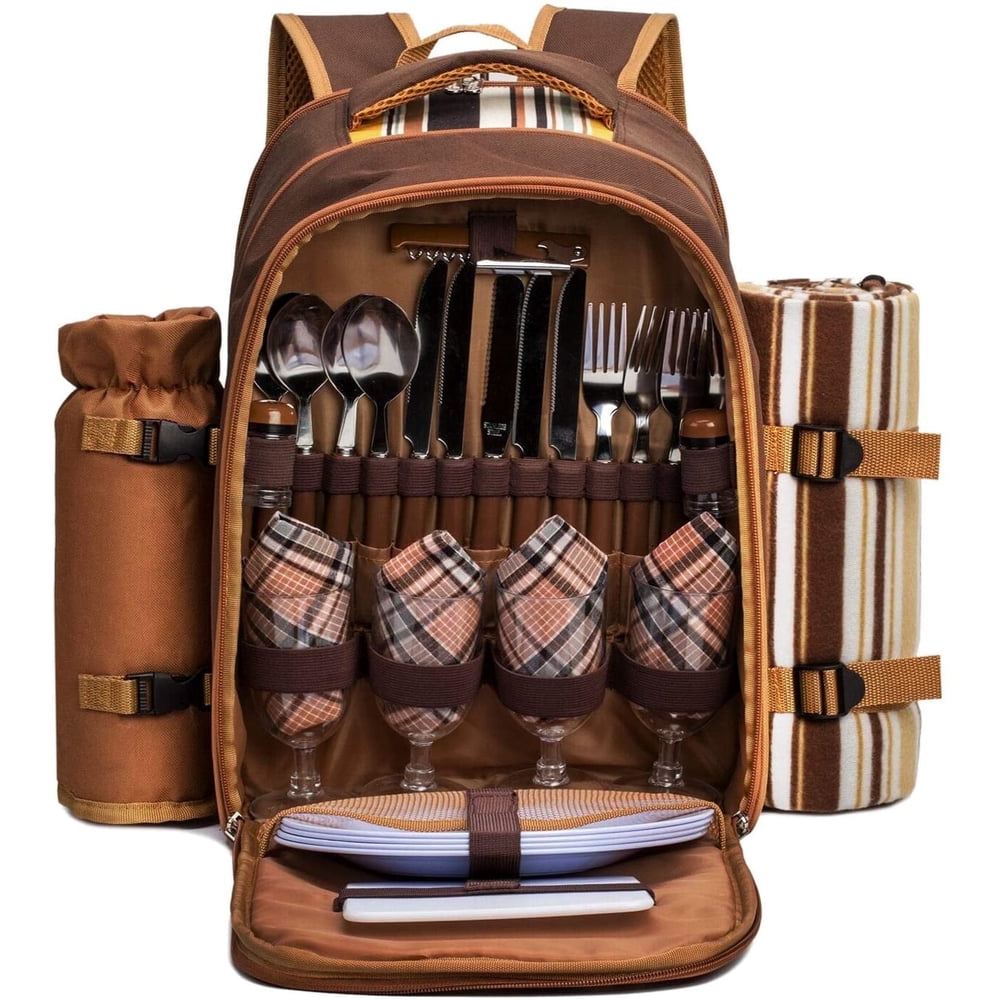 Complete Picnic Set, 4-Person Brown Backpack Kit with Plates Cutlery Glasses and Blanket  product photo