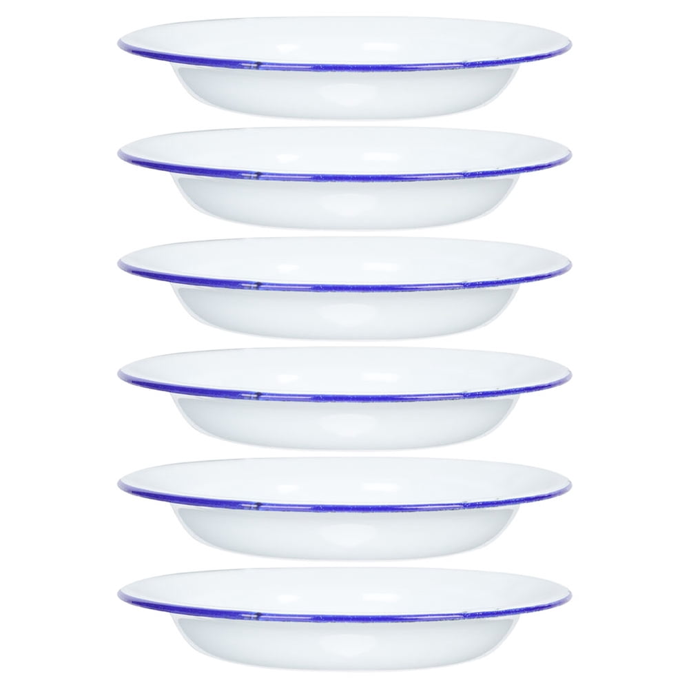 Enamel Camping Plates, Set of 6 Rustic Deep-Rim Outdoor Dining Plates, White with Blue Edge  product photo