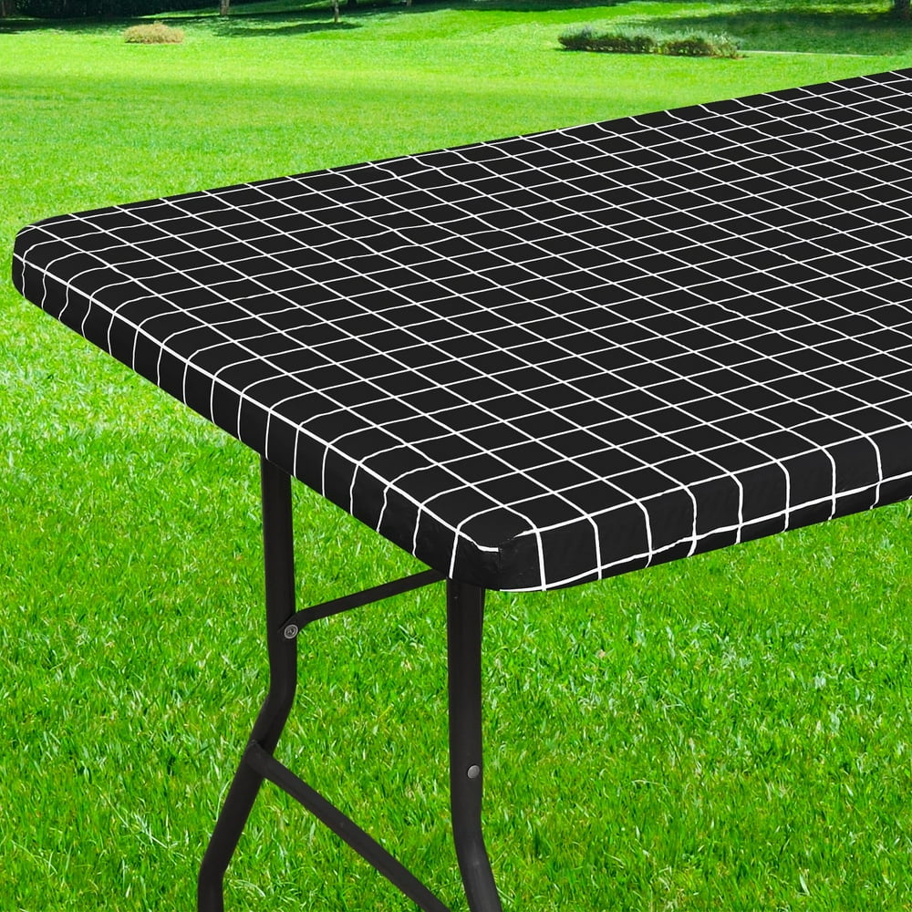Fitted Picnic Table Cover, Elastic Edge Black White Grid Rectangle Outdoor Tablecloth, 30x72  product photo