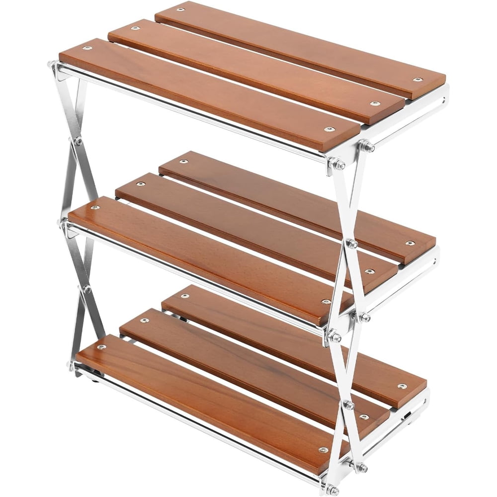 Folding 3-Tier Camp Storage Shelf, Portable Wood-Slat Outdoor Organizer Rack  product photo