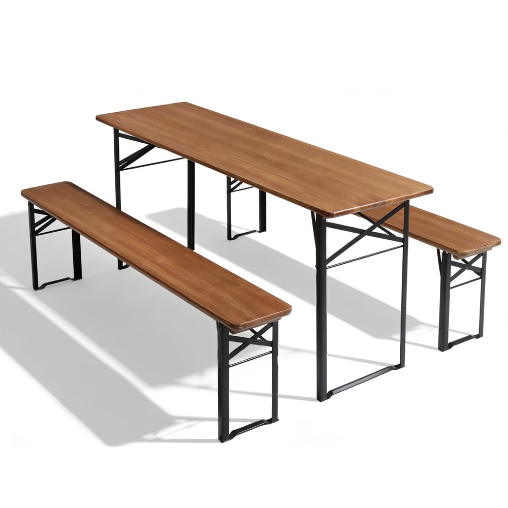 Folding Picnic Table with Two Benches, Portable Wood-Top Beer Garden Set with Steel Frame for Camping and Patio  product photo