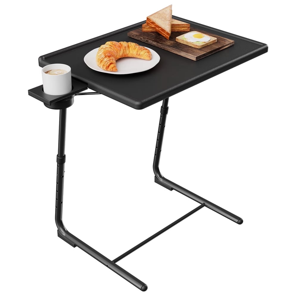 Adjustable Folding Side Table, Portable C-Shaped Sofa Tray Table with Cup Holder, Black  product photo