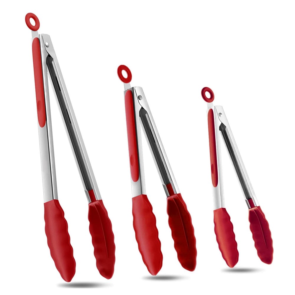 Silicone-Tip Food Tongs Set, 3 Red Locking Stainless Steel Serving & Grilling Tongs  product photo