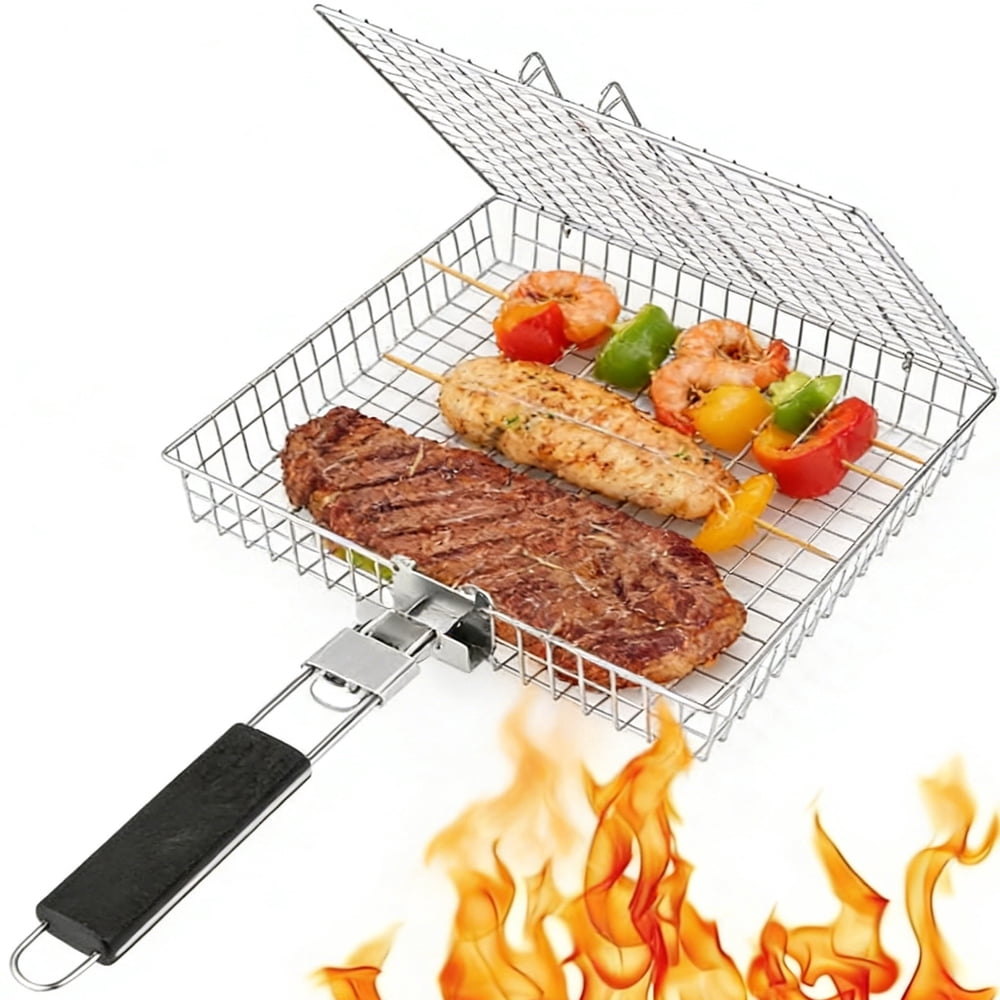 Grill Basket, Folding Stainless Steel BBQ Basket with Wood Handle for Vegetables and Fish  product photo