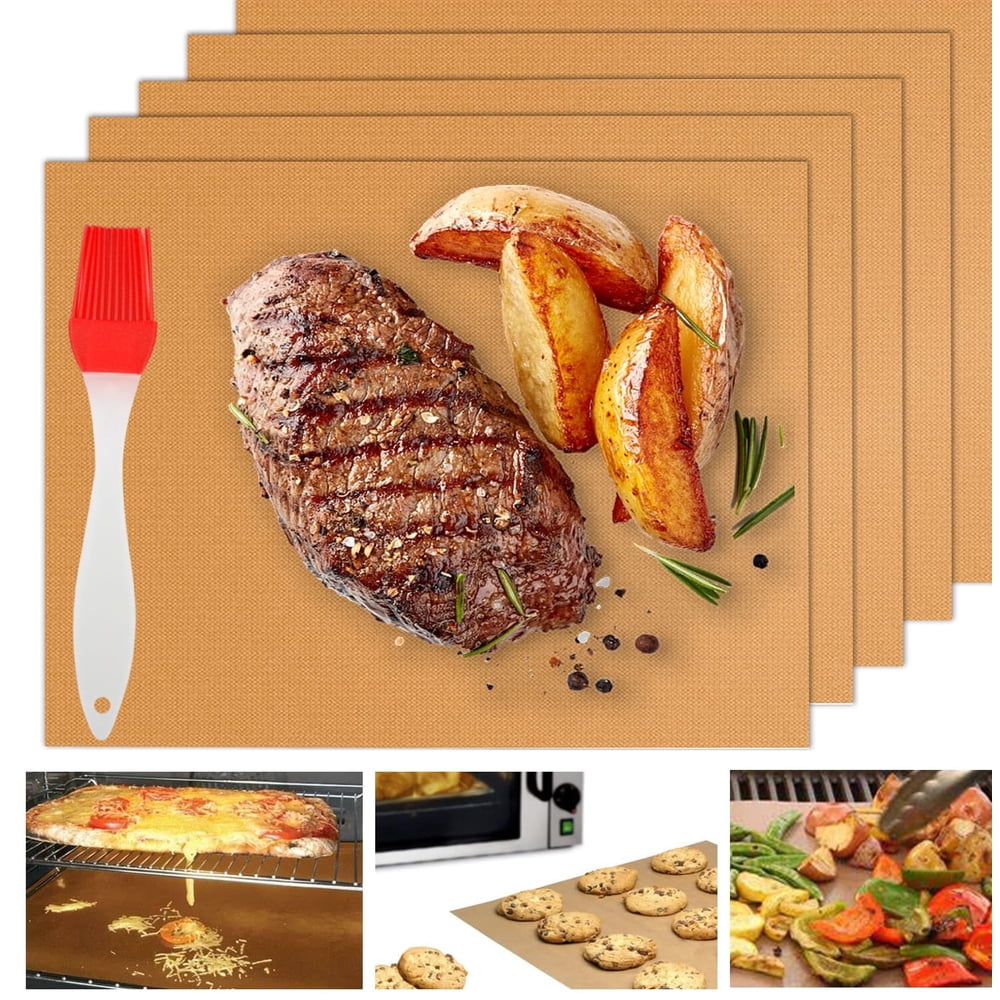 Reusable Non-Stick Grill Mats, Copper 5-Pack with Basting Brush, Heat-Resistant BBQ Liners  product photo