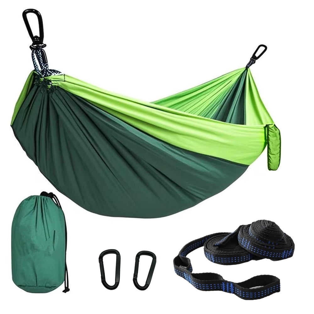 Portable Single Camping Hammock, Green Two-Tone Nylon, with Tree Straps, Carabiners & Stuff Sack  product photo