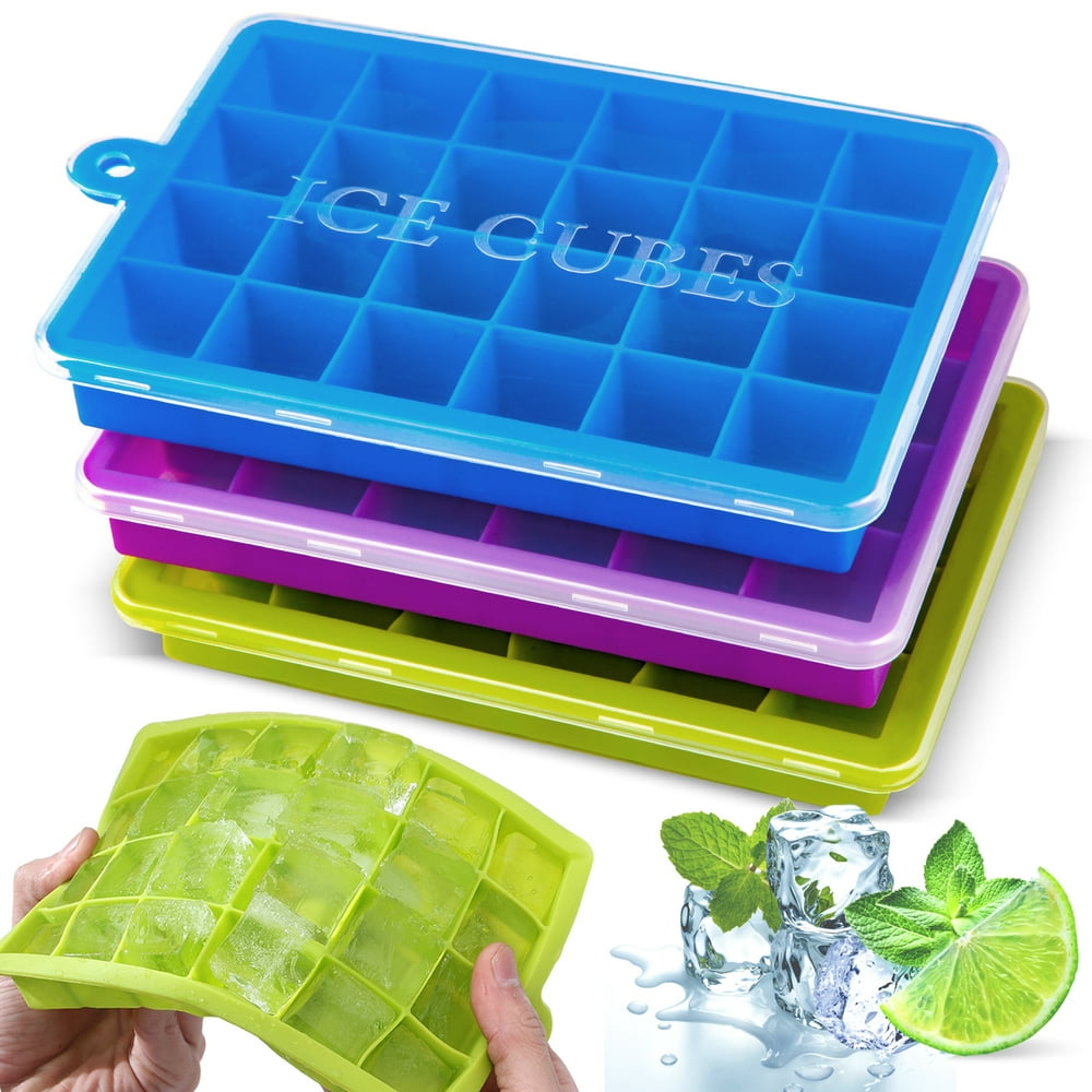 Silicone Ice Cube Trays, Set of 3 with Lids, Blue Purple Green, 24-Cube Stackable for Cooler & Bar  product photo