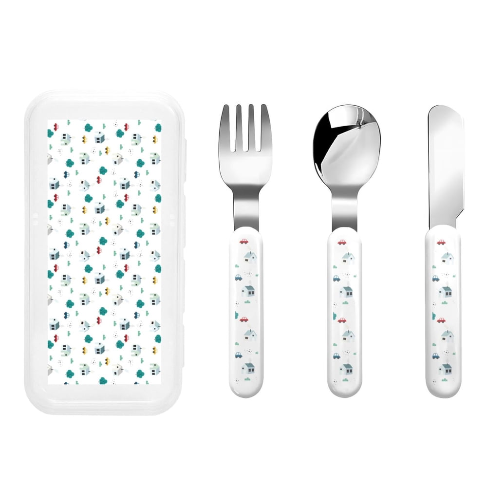Kids Flatware Set, Stainless Steel Toddler Fork, Spoon and Knife with Travel Case, Car and House Print  product photo