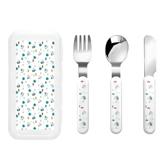 Kids Flatware Set, Stainless Steel Toddler Fork, Spoon and Knife with Travel Case, Car and House Print  product photo