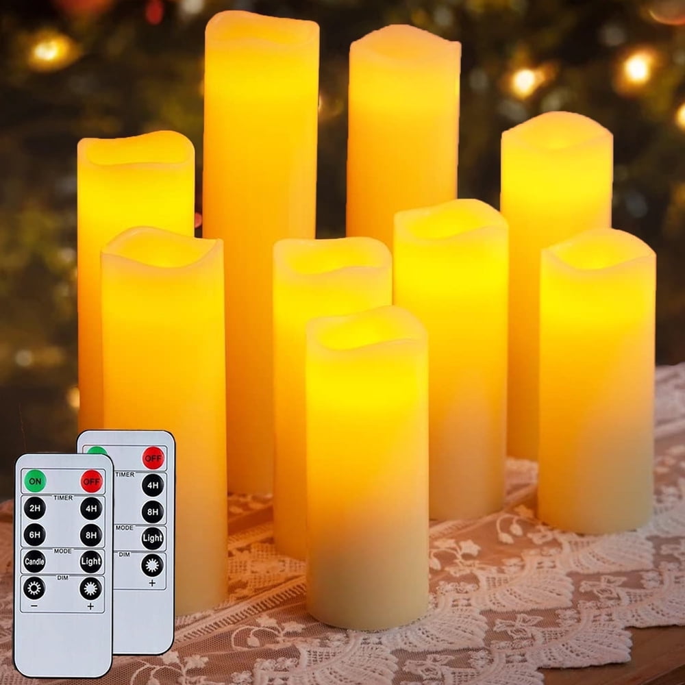 LED Flameless Pillar Candles, Set of 9 Ivory Battery Candles with 2 Remotes and Timer for Outdoor Tables  product photo