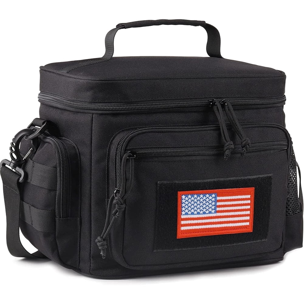 Insulated Lunch Cooler Bag, Black Tactical Tote with Shoulder Strap and Front Pockets  product photo