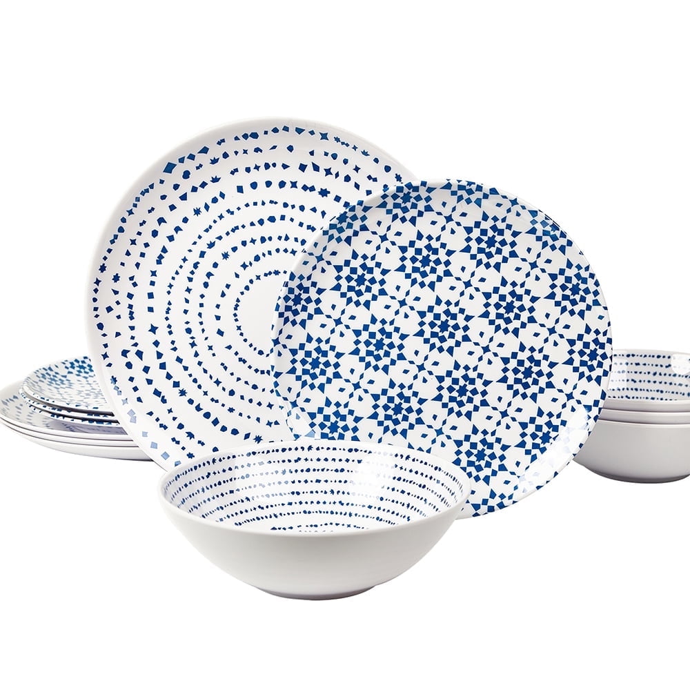 Melamine Dinner Plates and Bowls Set, Unbreakable Blue and White Pattern Outdoor Dining Dishware  product photo