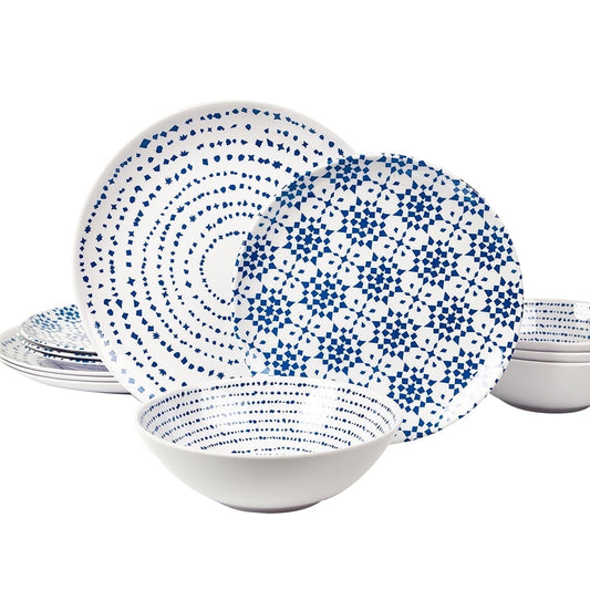 Melamine Dinner Plates and Bowls Set, Unbreakable Blue and White Pattern Outdoor Dining Dishware  product photo