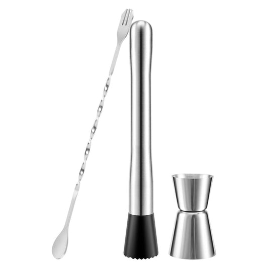 Stainless Steel Cocktail Bar Tool Set, Muddler, Double Jigger and Twisted Mixing Spoon, 3-Piece Outdoor Kit  product photo