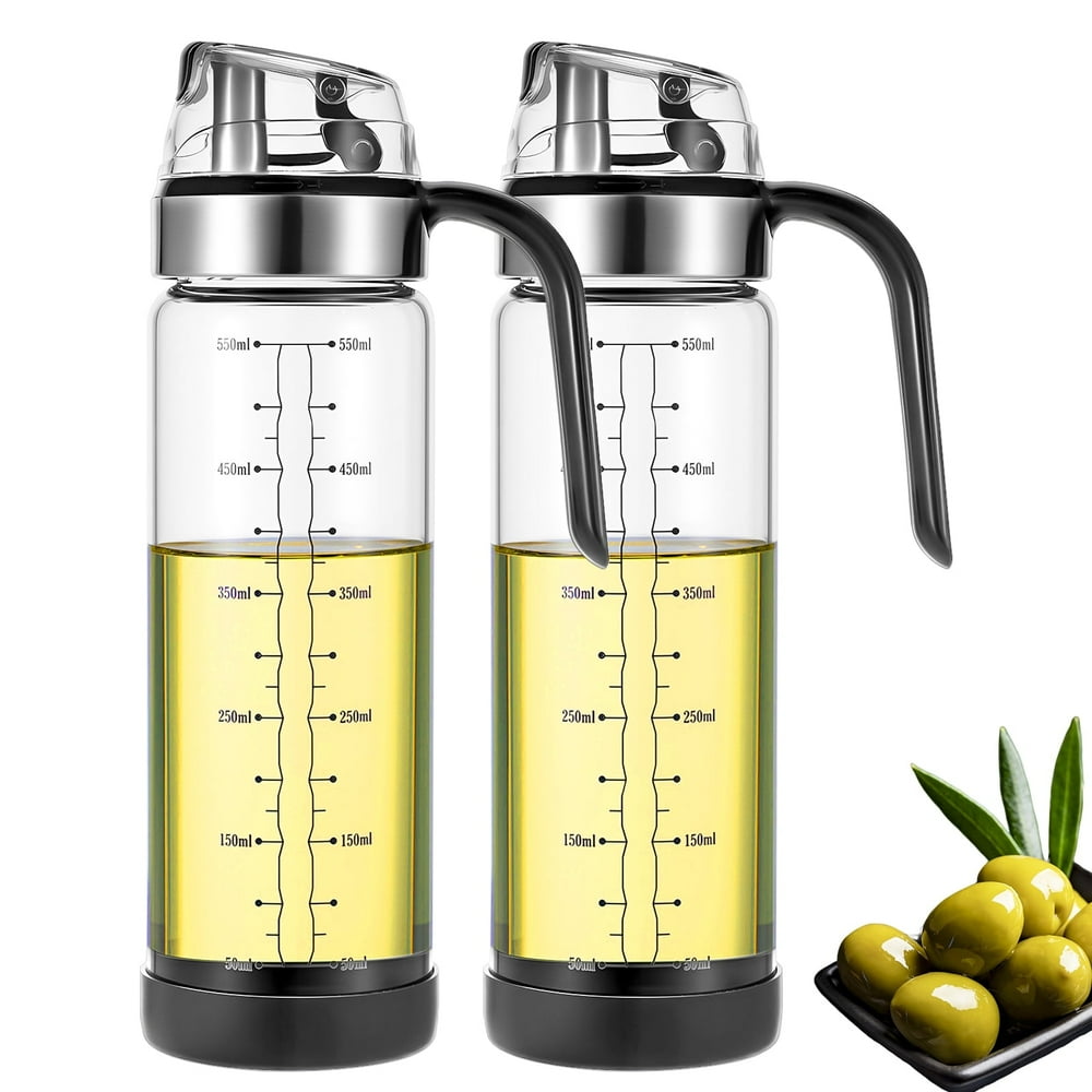Oil and Vinegar Cruet Set of 2, Glass Bottles with Auto-Flip Drip-Free Spout & Measurement Marks  product photo