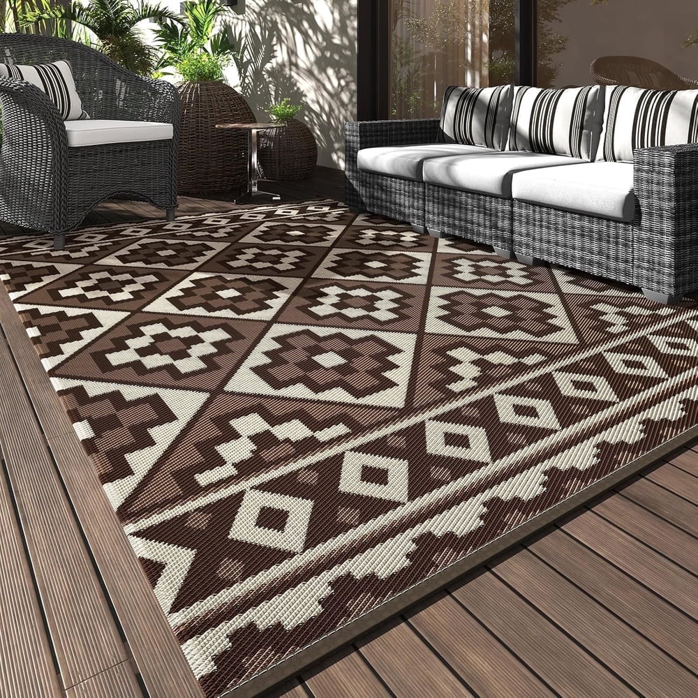 Reversible Outdoor Rug 9x12, Brown and Cream Geometric Plastic Straw Mat for Patio, RV, and Camping  product photo