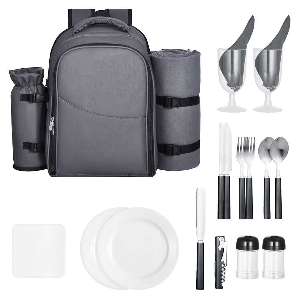Picnic Backpack for 2, Insulated Cooler Set with Dishes, Cutlery, Blanket and Padded Straps, Gray  product photo