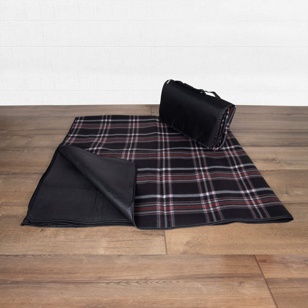 Plaid Picnic Blanket Tote with Shoulder Strap, Waterproof Folding Outdoor Mat, Black & Red Tartan  product photo