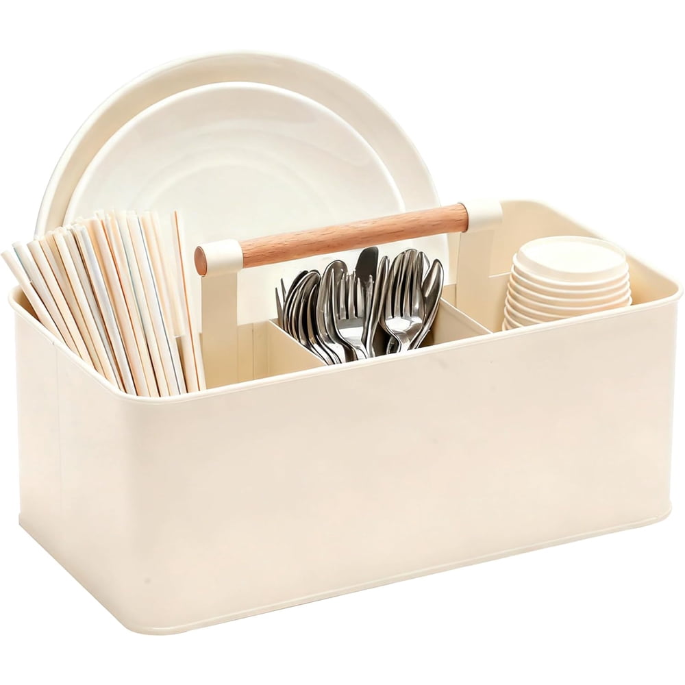 Picnic Caddy Organizer with Wood Handle, Utensil and Condiment Holder Tote for Outdoor Dining  product photo