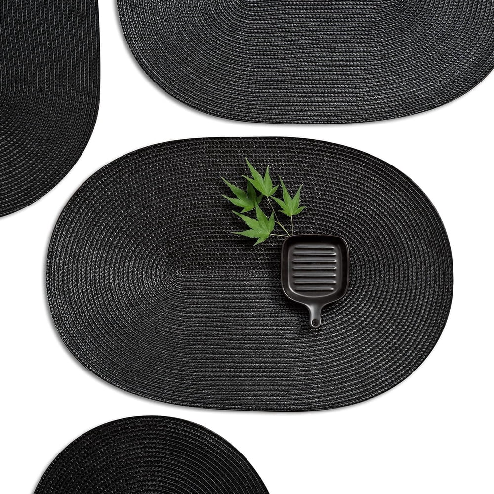Woven Placemats, Set of 6 Oval Washable Outdoor Dining Table Mats, Black  product photo
