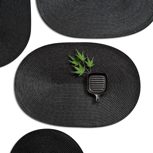 Woven Placemats, Set of 6 Oval Washable Outdoor Dining Table Mats, Black  product photo
