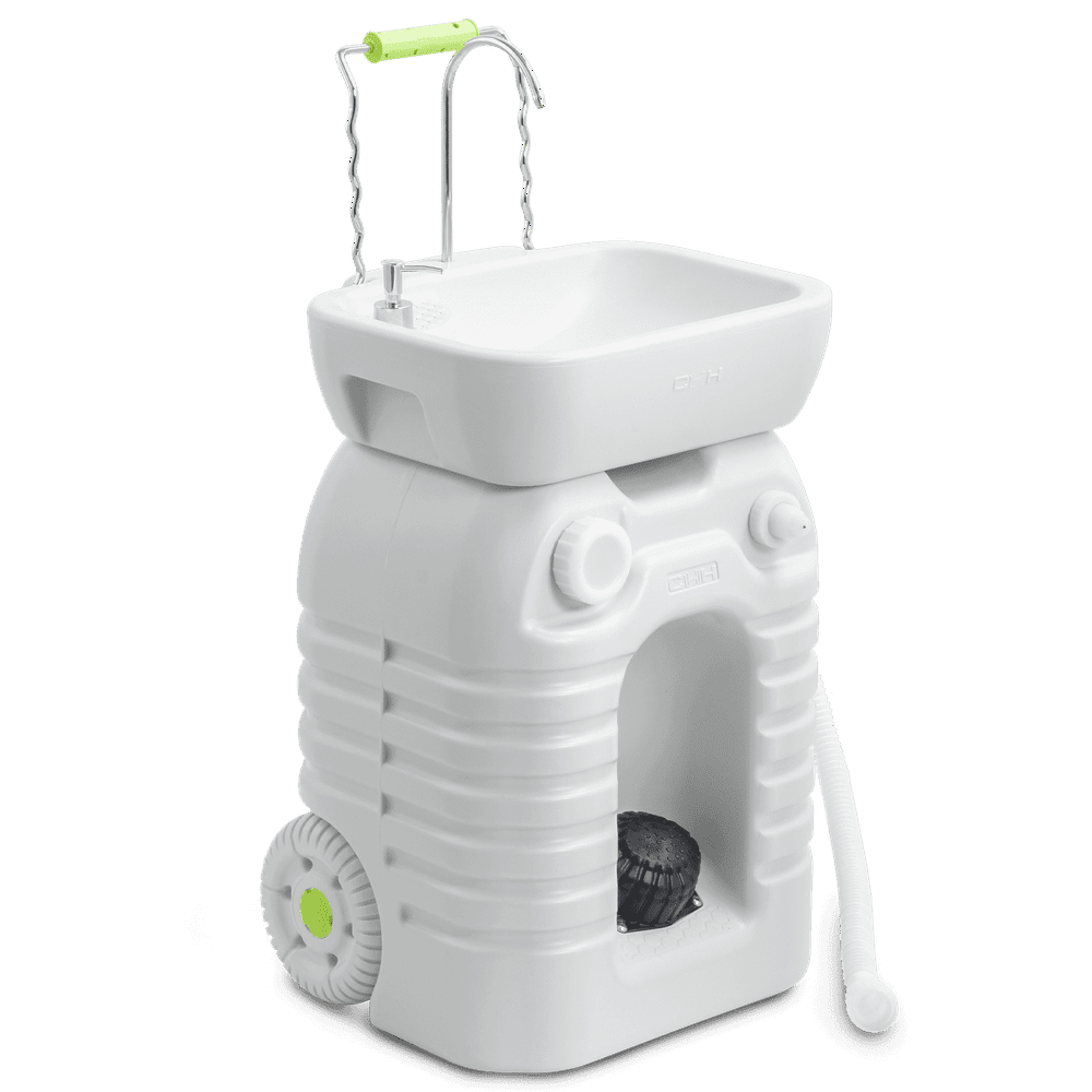 Portable Camp Sink, Rolling Hand-Pump Wash Basin Station for Outdoor Picnic and Camping Cleanup, White  product photo