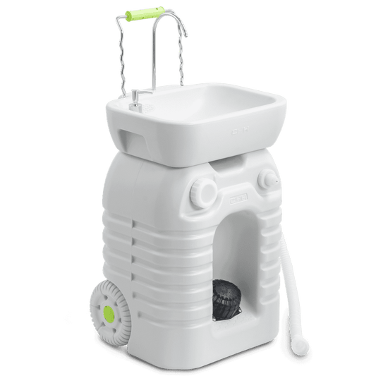 Portable Camp Sink, Rolling Hand-Pump Wash Basin Station for Outdoor Picnic and Camping Cleanup, White  product photo