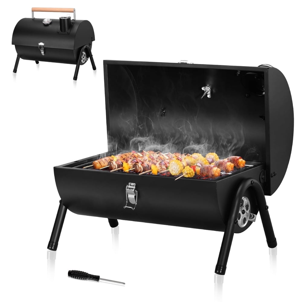Portable Charcoal Grill, Tabletop Folding Black Steel Barrel BBQ with Wood Handle for Picnic  product photo
