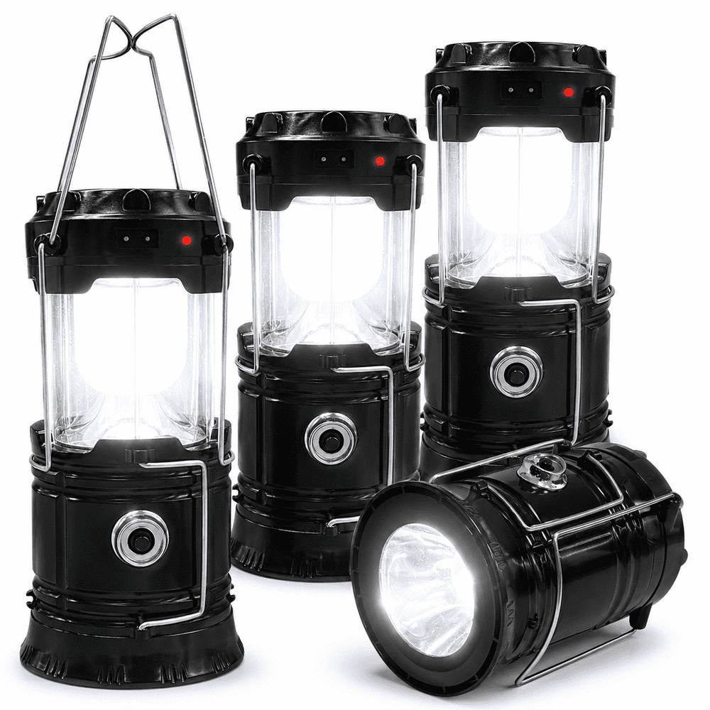 Rechargeable Camping Lantern, Black LED Collapsible Outdoor Picnic Light with Hook and Flashlight Base  product photo