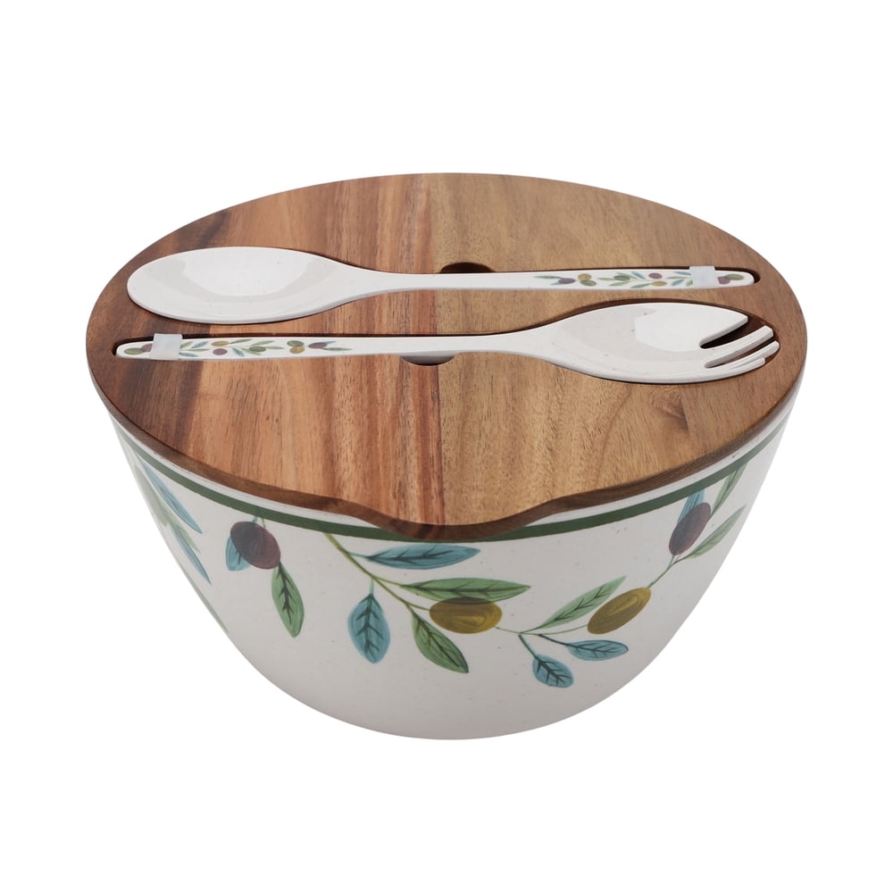 Salad Bowl with Servers and Acacia Wood Lid, Large Olive-Branch Serving Bowl Set for Outdoor Dining  product photo