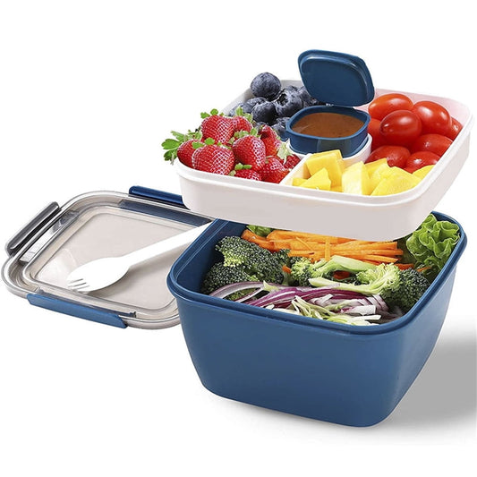 Salad Container Bowl with Dressing Cup, Large 2-Tier Leakproof Picnic Meal Box with Fork, Navy Blue  product photo