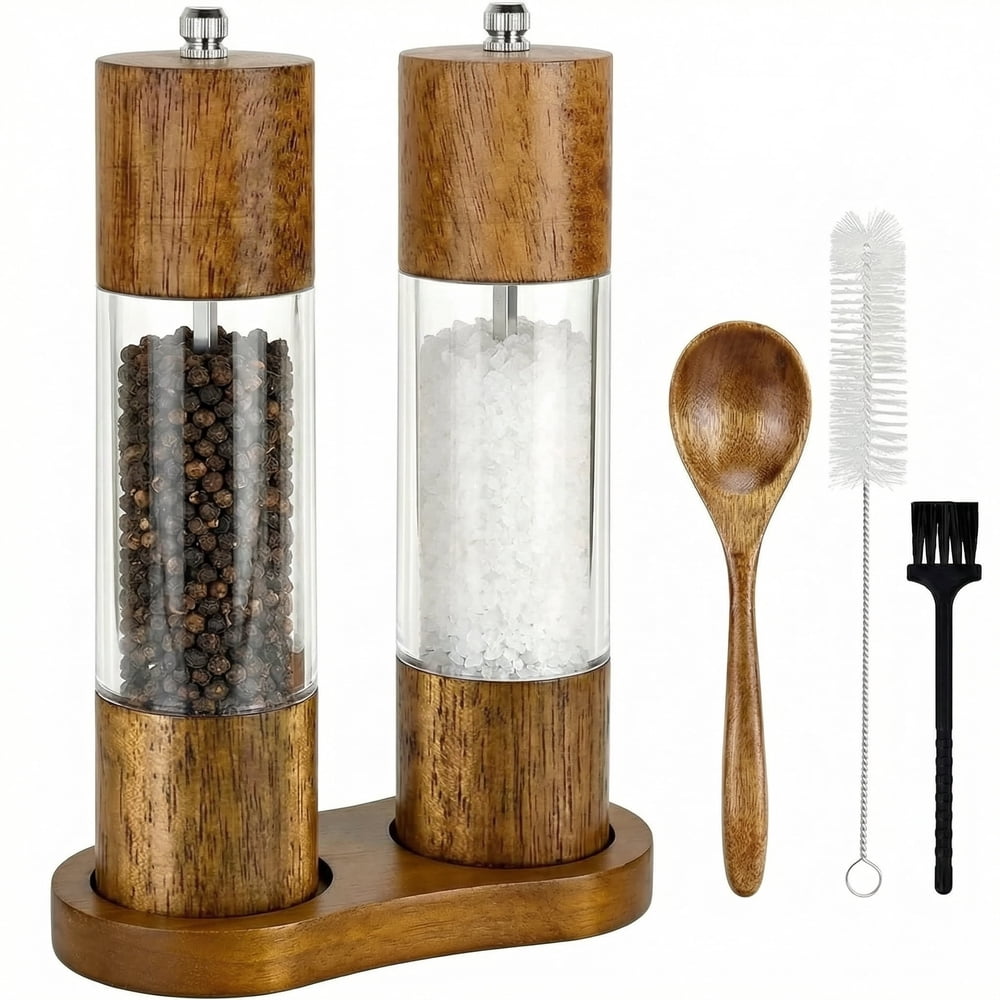 Manual Salt and Pepper Grinder Set of 2, Acacia Wood Mills with Adjustable Ceramic Burr, Tray, Spoon, and Brushes  product photo